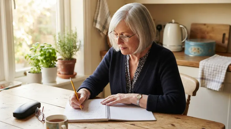 A woman in her sixties writing in a graph-paper notebook at a kitchen table with a pencil sharpener and a cookie tin nearby