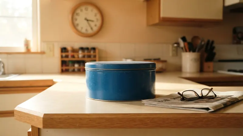 A round blue cookie tin on a kitchen counter in warm afternoon light beside a wall clock and a folded newspaper