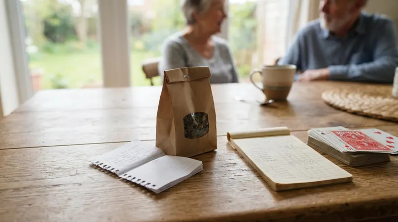 A folded torn notebook page tucked under a brown paper bag of loose tea on a kitchen table, a bridge scorepad nearby