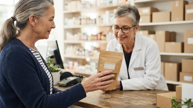 A pharmacist's counter with a woman's hand holding a small kraft tea pouch while the pharmacist reads the back label