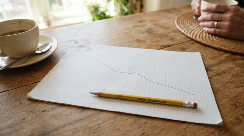 A hand-drawn line chart in blue ink on graph paper showing a line that falls gradually from left to right, with a teacup sketched in the corner