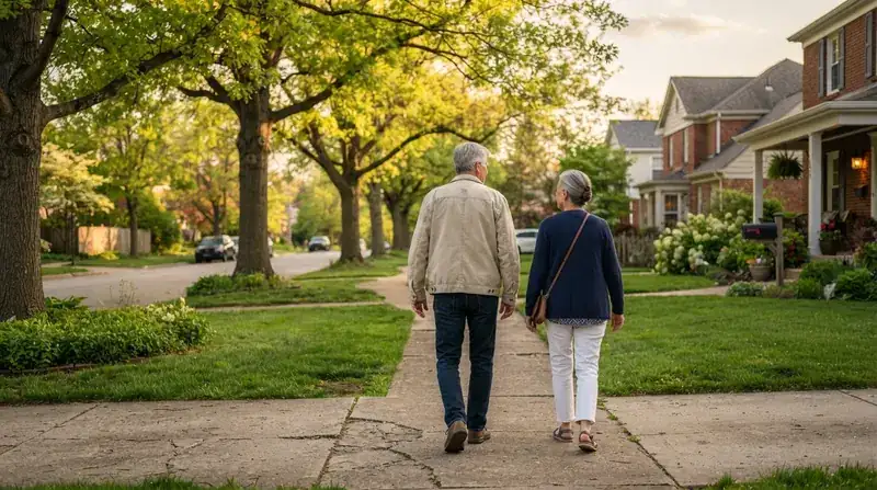 An older couple walking side by side on a tree-lined suburban sidewalk after supper in golden evening light, seen from behind