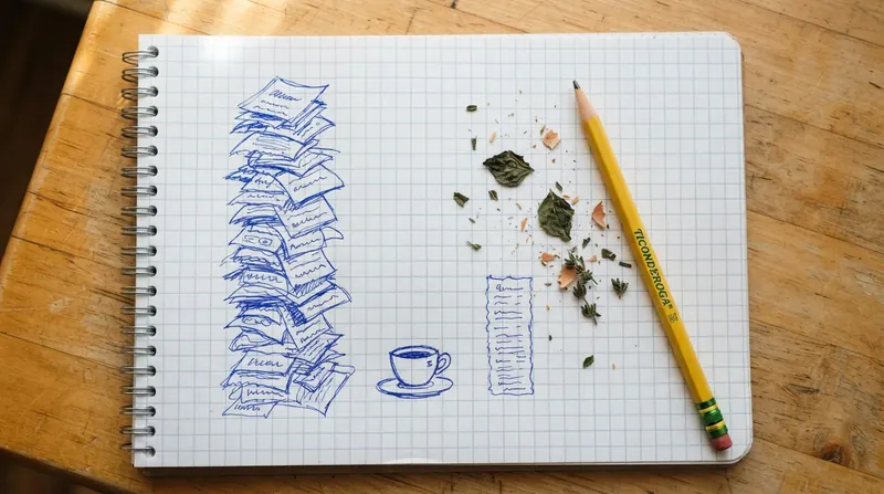 A hand-drawn comparison sketch in blue ink on graph paper with one tall column of crumpled receipts beside one small teacup
